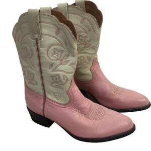 Ariat Cowboy Boots Leather Pull-On Block-Heel Pink Cream Size US 5